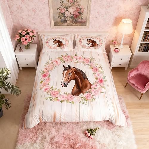 Erosebridal Juego de funda de edredón de caballo rústico tamaño Queen para niños y niñas, juego de ropa de cama estética vintage retro con corona de