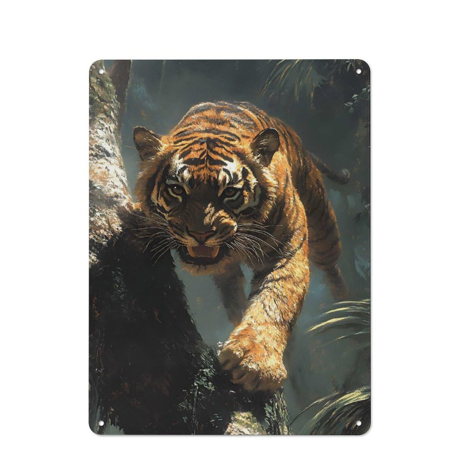 Junmoney Style-15 Rustic Metal Sign 40X30cm Featuring Tiger Climbing A Tree For Hallway Wall, A Decorative Gift For A Newly Furnished Hallway