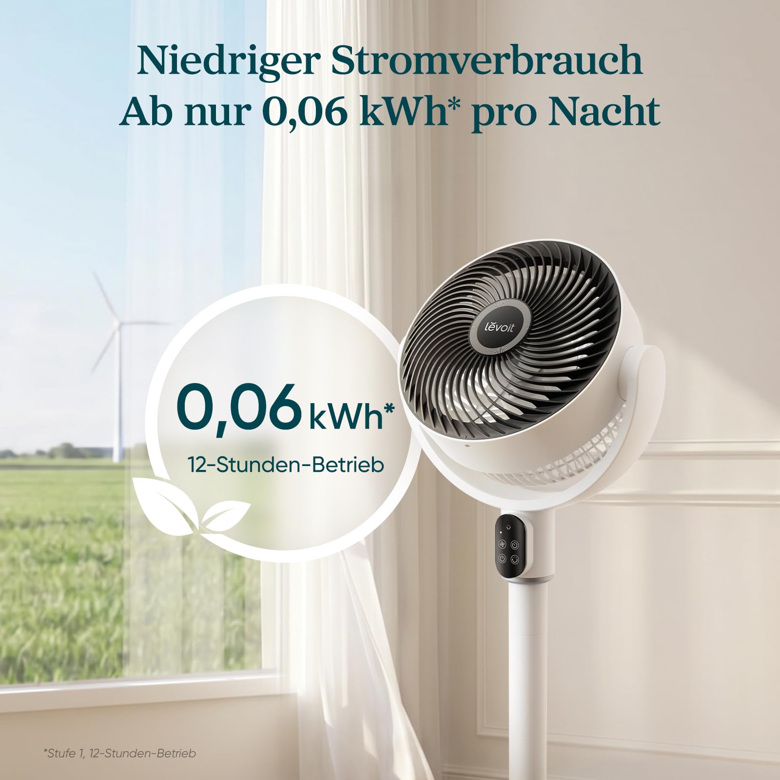 Levoit Standventilator 1740m³/h 24m Reichweite 20dB leiser DC Motor 6,5m/s 90° Oszillation 5 Stufen 12 Std Timer höhenverstellbar 97 cm