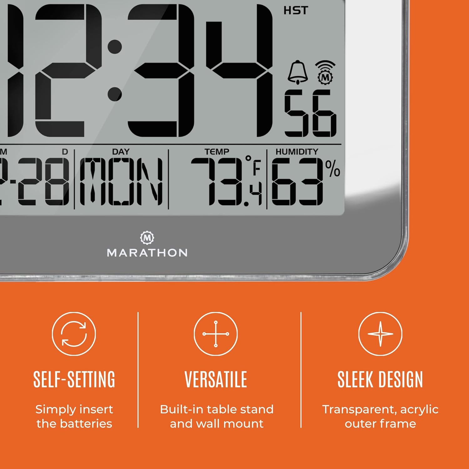 Three icons representing Self-Setting, Versatile, and Sleek Design features of the Marathon CL030060 clock.