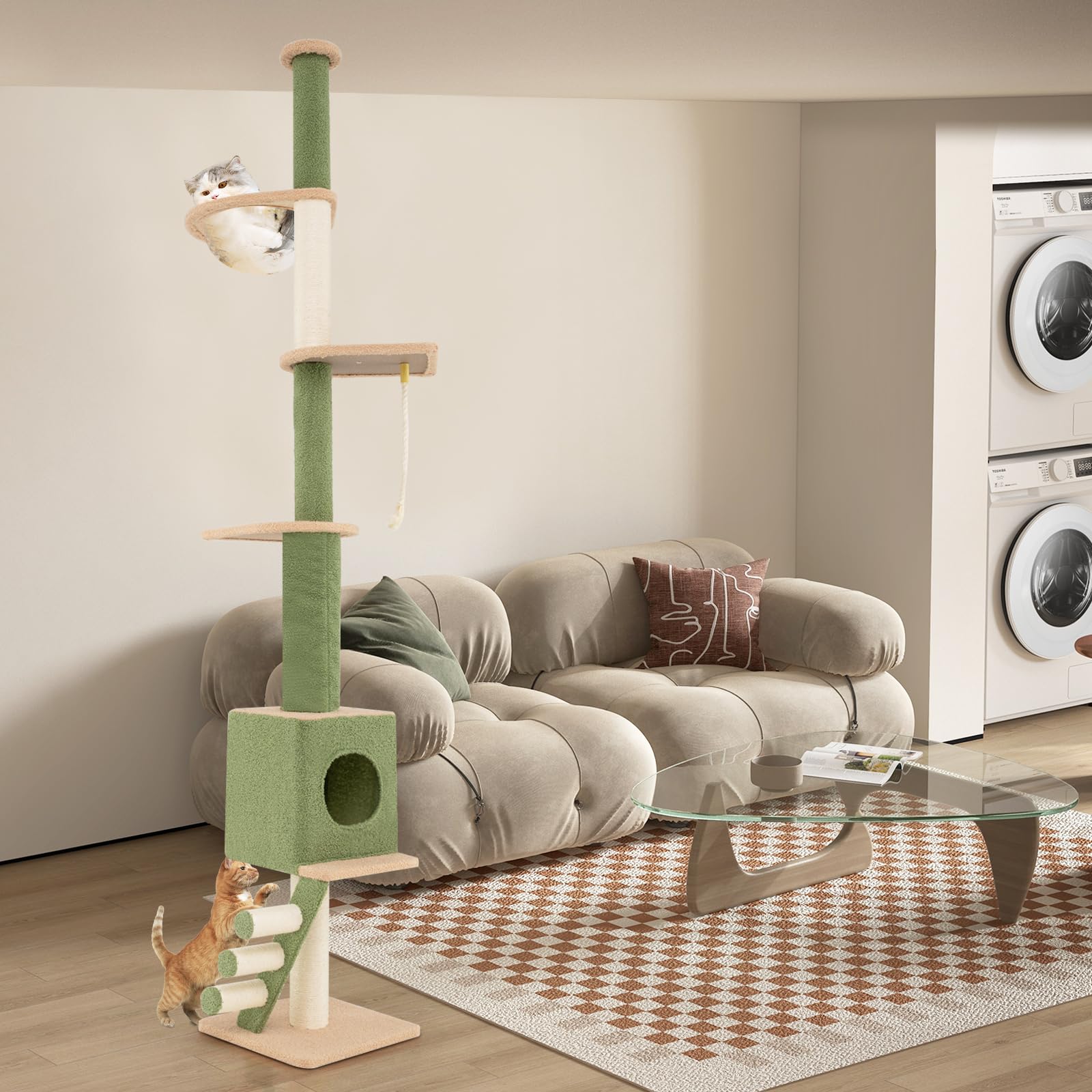 GOPLUS Árbol para Gatos de Piso a Techo, Torre para Gatos de 218-253 cm de Altura Ajustable con 2 Postes Adicionales, Postes Rascadores de Sisal, Centro de Juegos para Gatitos de 5 Niveles