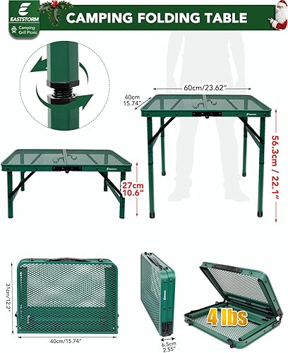 Miniatura 3 de Mesa plegable pequeña de 2 pies con asa de transporte, altura ajustable de 10.6" o 22", malla de metal verde, portátil y compacta