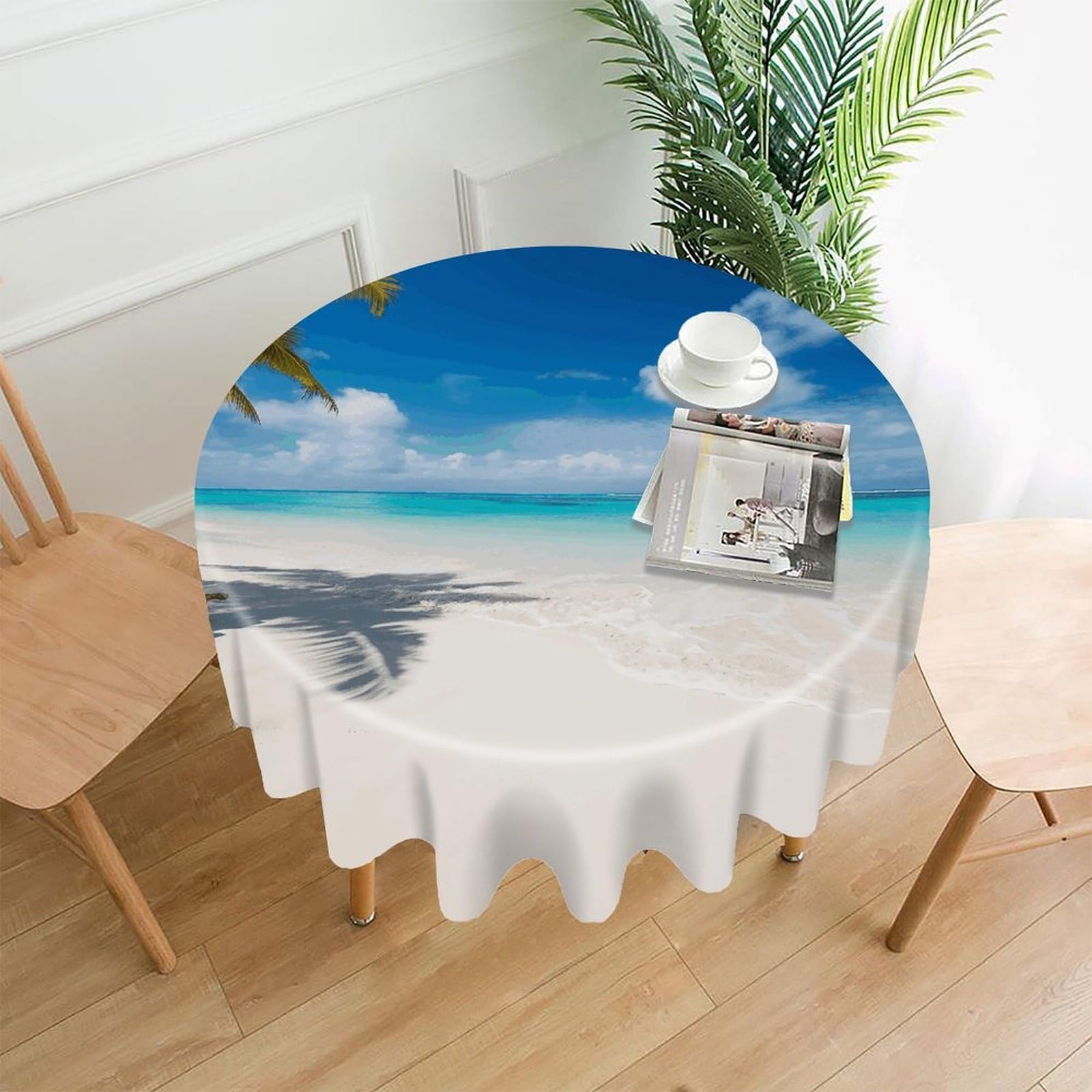 MUSM 60 Inch White Beach Tropical Sea Round Tablecloth Wipeable Washable Table Cover for Kitchen and Dining Room Decorative Table Cloth for Party Holiday Picnic Outdoor