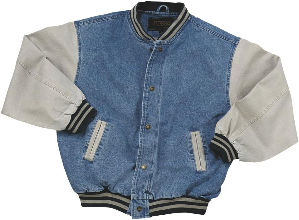 Washed Cotton- Vintage Denim Varsity Jacket with Khaki Sleeves