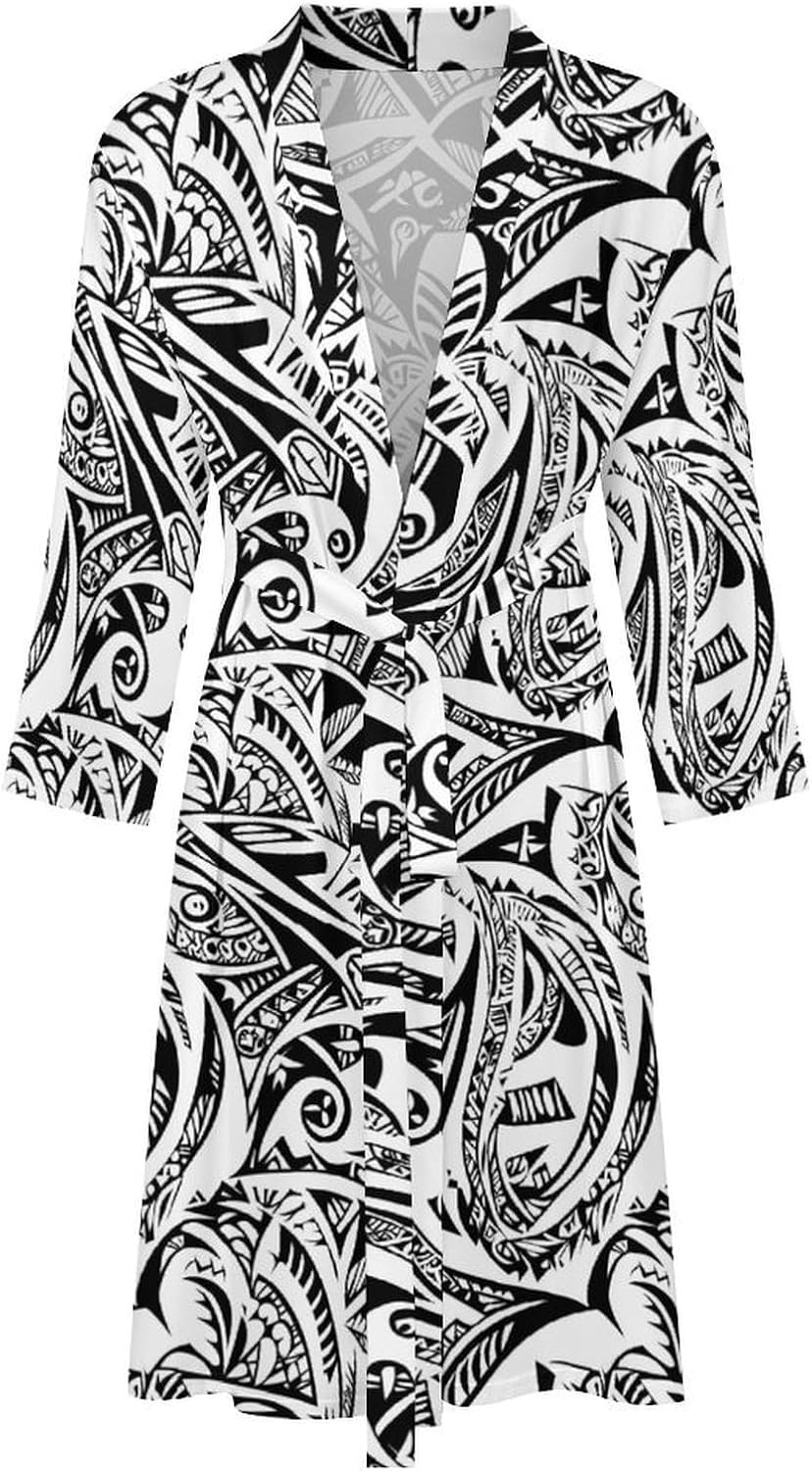 Polynesian Tattoo Pattern Mens Robe Long Bathrobe for Women Bath Robes Lightweight Soft Printed Sleepwear