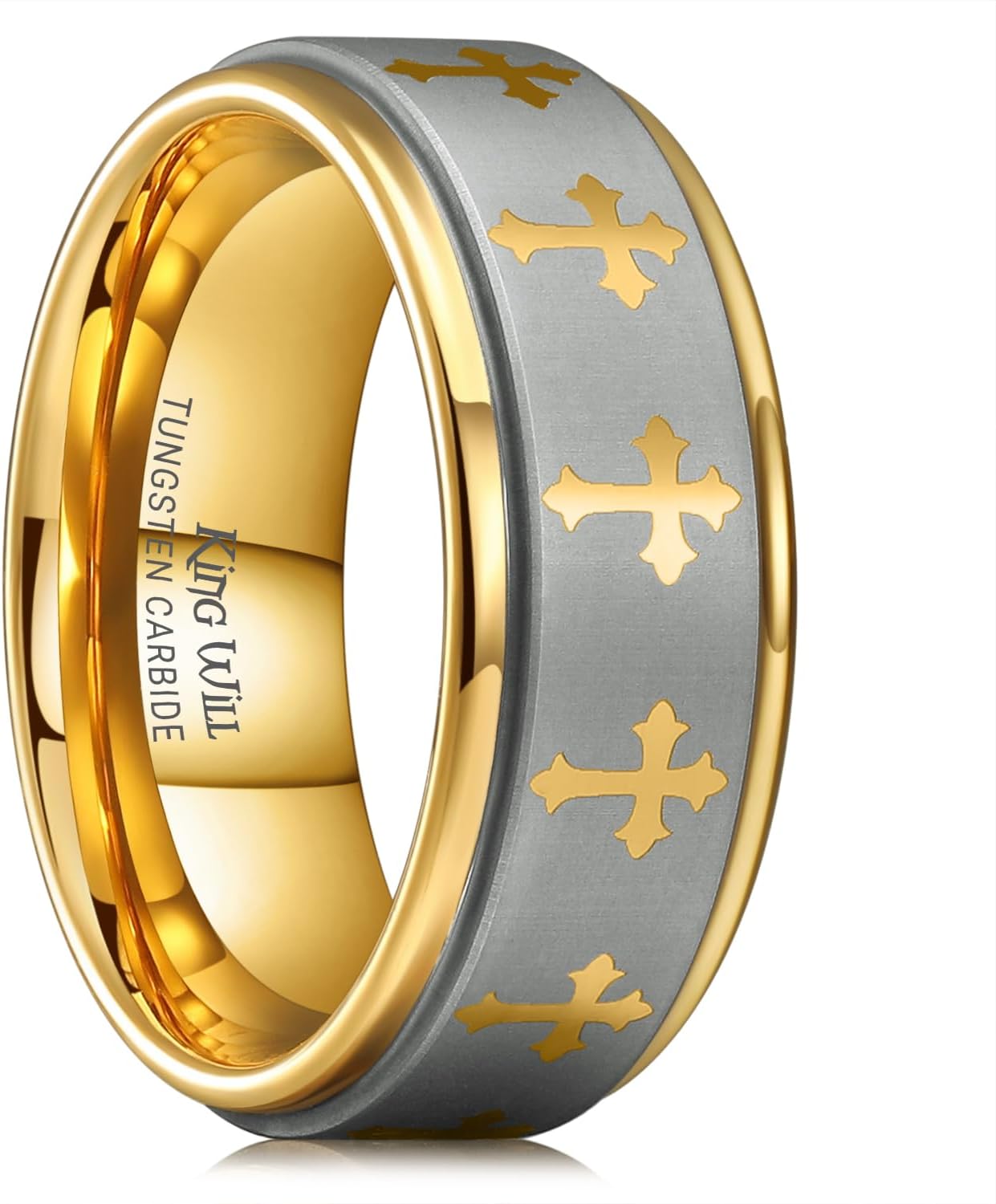 King Will 8mm Tungsten Rings for Men Lord's Prayer Engraved Mens Cross Ring Vintage Religious Band Polished Brushed