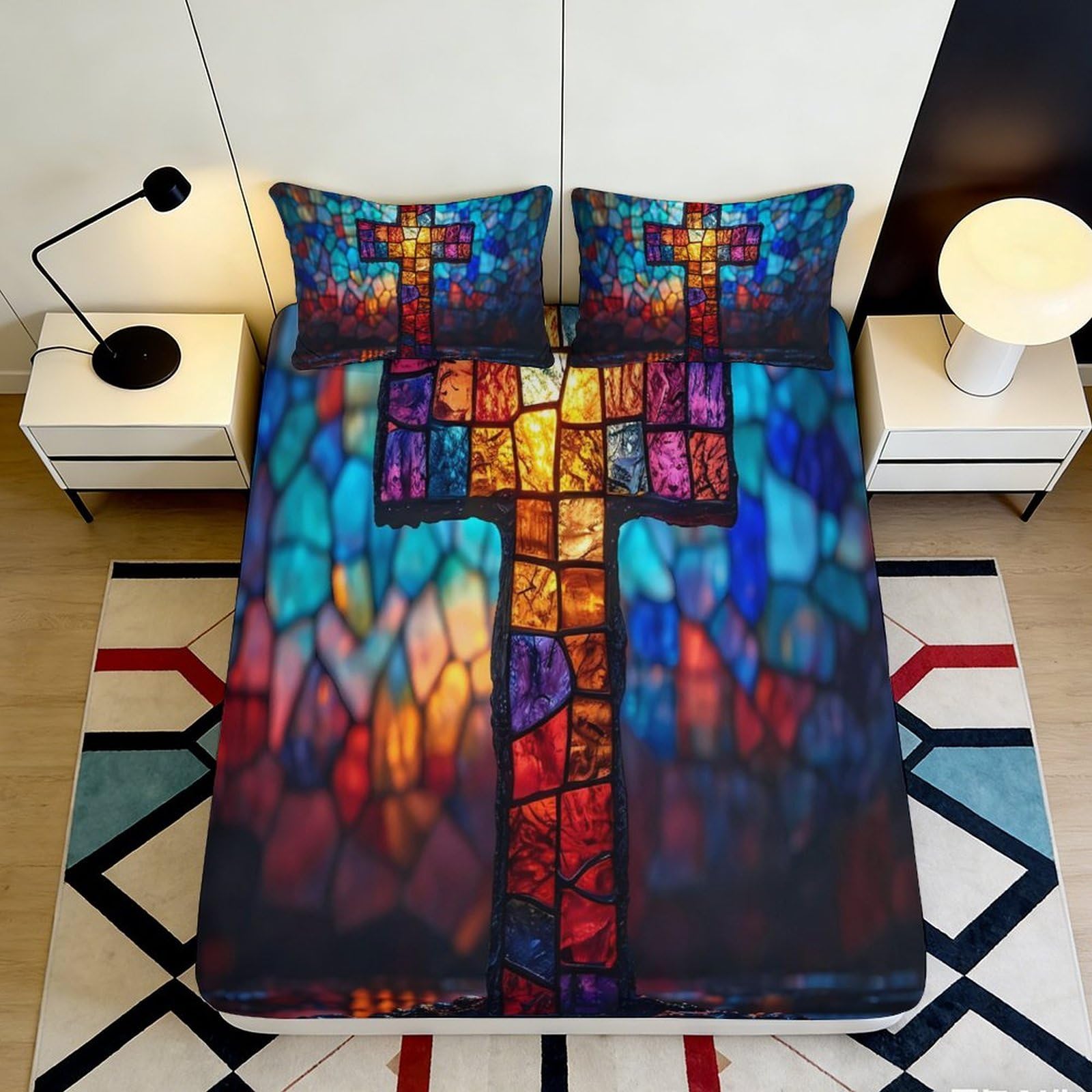 K1r3d9e5 Style-8 3D Printed Stained Glass Cross Fitted Sheet Microfiber Vibrant Colors Bed Cover For Bedroom Dorm Decor 90X200x25cm