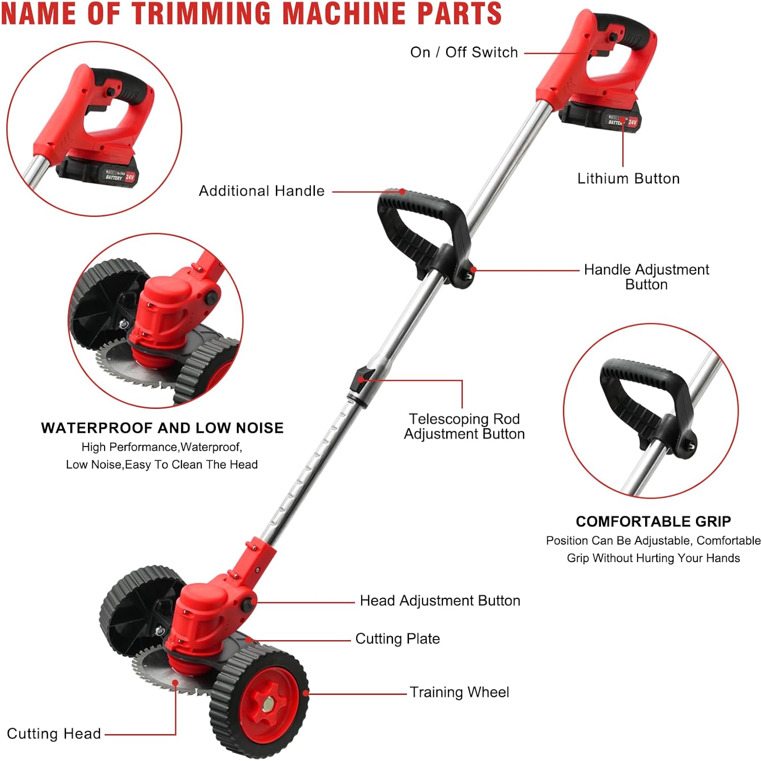 ALSO GO 24V Electric Weed Wacker, Cordless Grass Trimmer, 3 in 1 Weed Trimmer with 2pcs Batteries & Charger, Battery Powered Weed Eater/Brush Cutter/Edger with Wheels for Garden and Yard Lawn