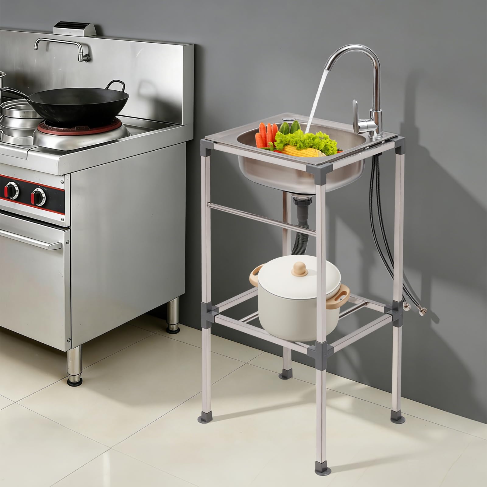 Lavello in acciaio inox da cucina 1 vassoio professionale, lavello in acciaio inox autoportante con rubinetto e accessori, miscelatore caldo freddo, vasca portatile giardino esterno garage campeggio