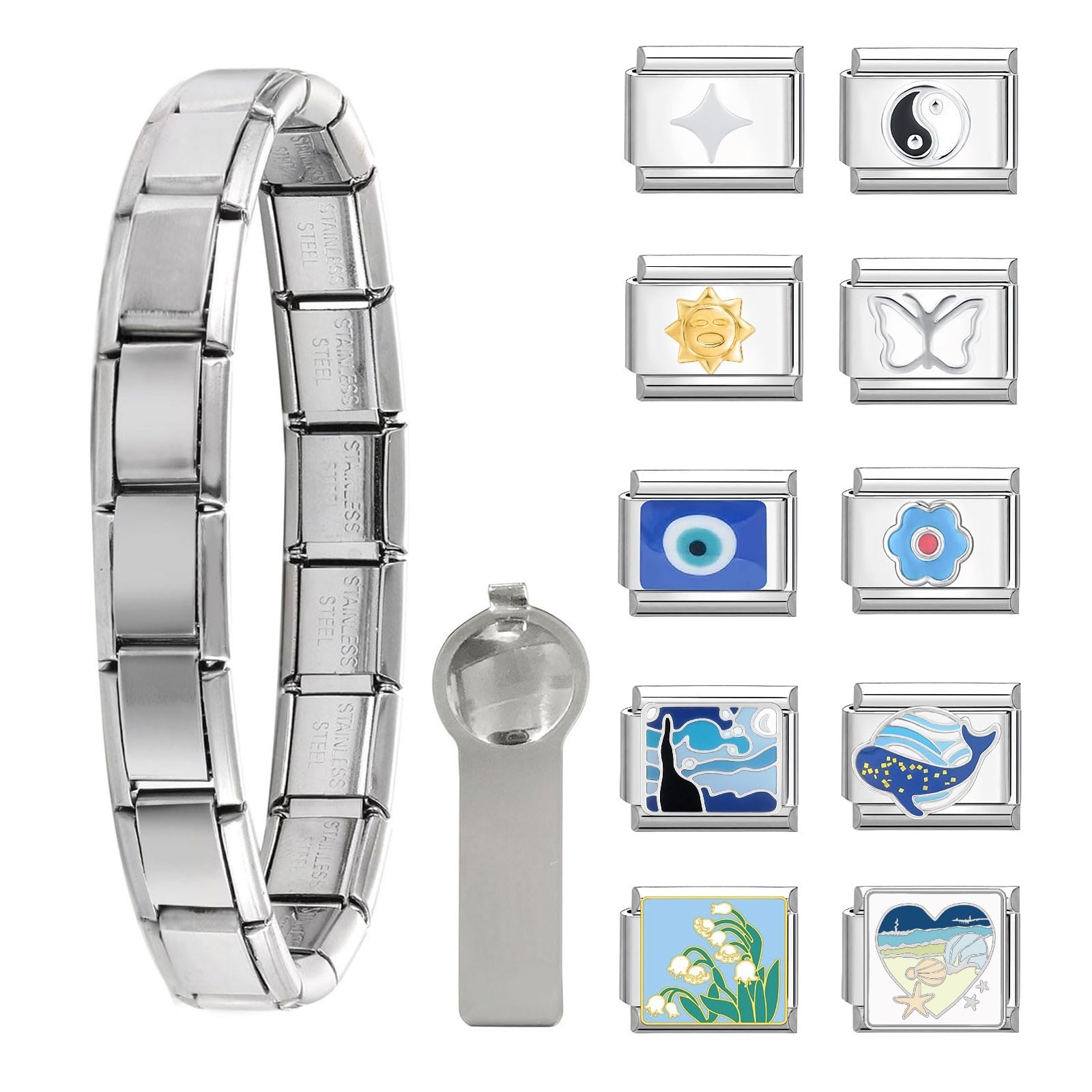 Italian Charm Bracelet Gold Silver Set with Starter Brascelet, Assorted Charms and Opening Tools, 9mm Modular Italian Charm Bracelet Links Handmade DIY Jewelry Gifts