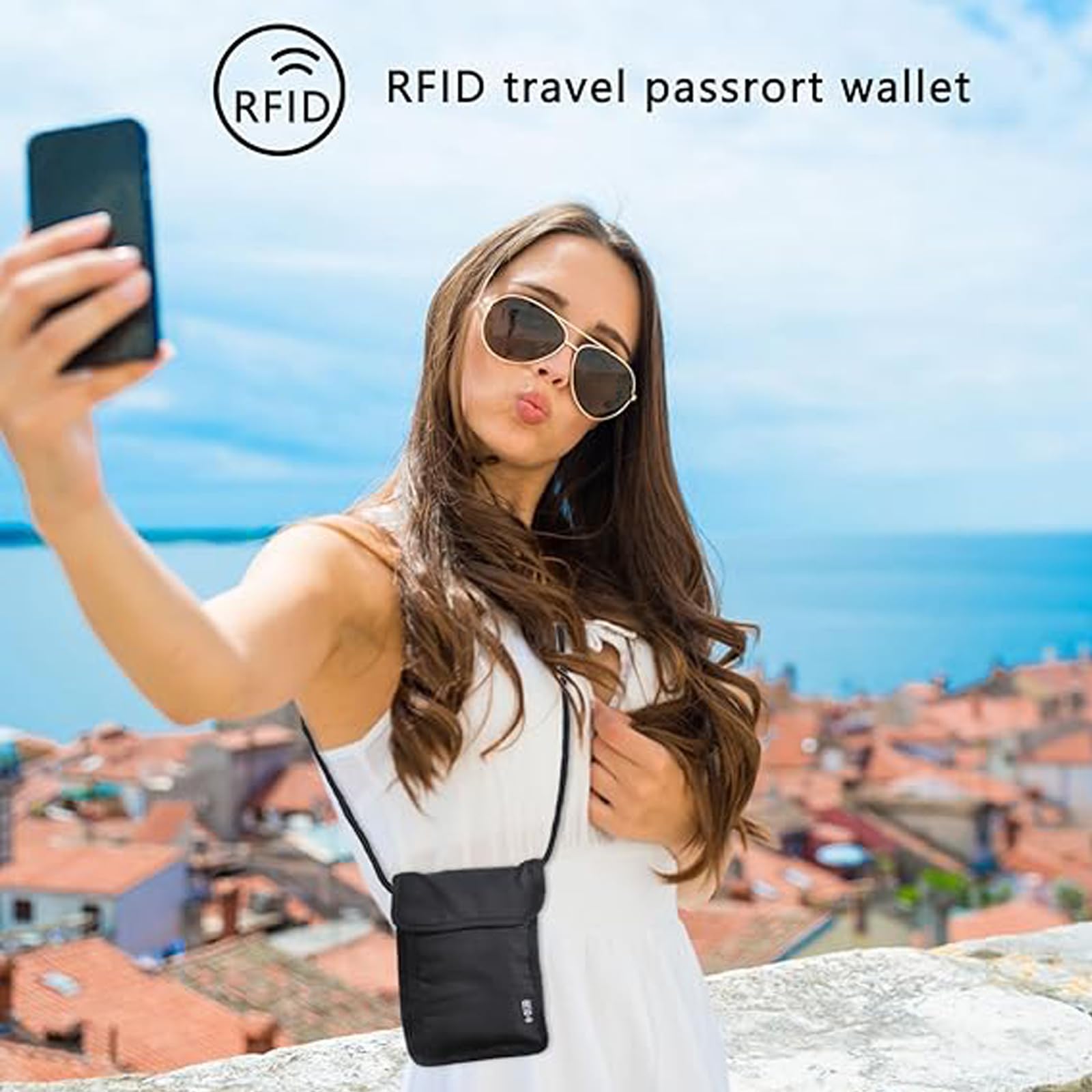 Kieszenie na szyję podróżne, etui podróżne z blokadą RFID, wodoodporne etui na paszport podróżny dla kobiet i mężczyzn, regulowana torba na telefon komórkowy na karty pieniężne, czarny,