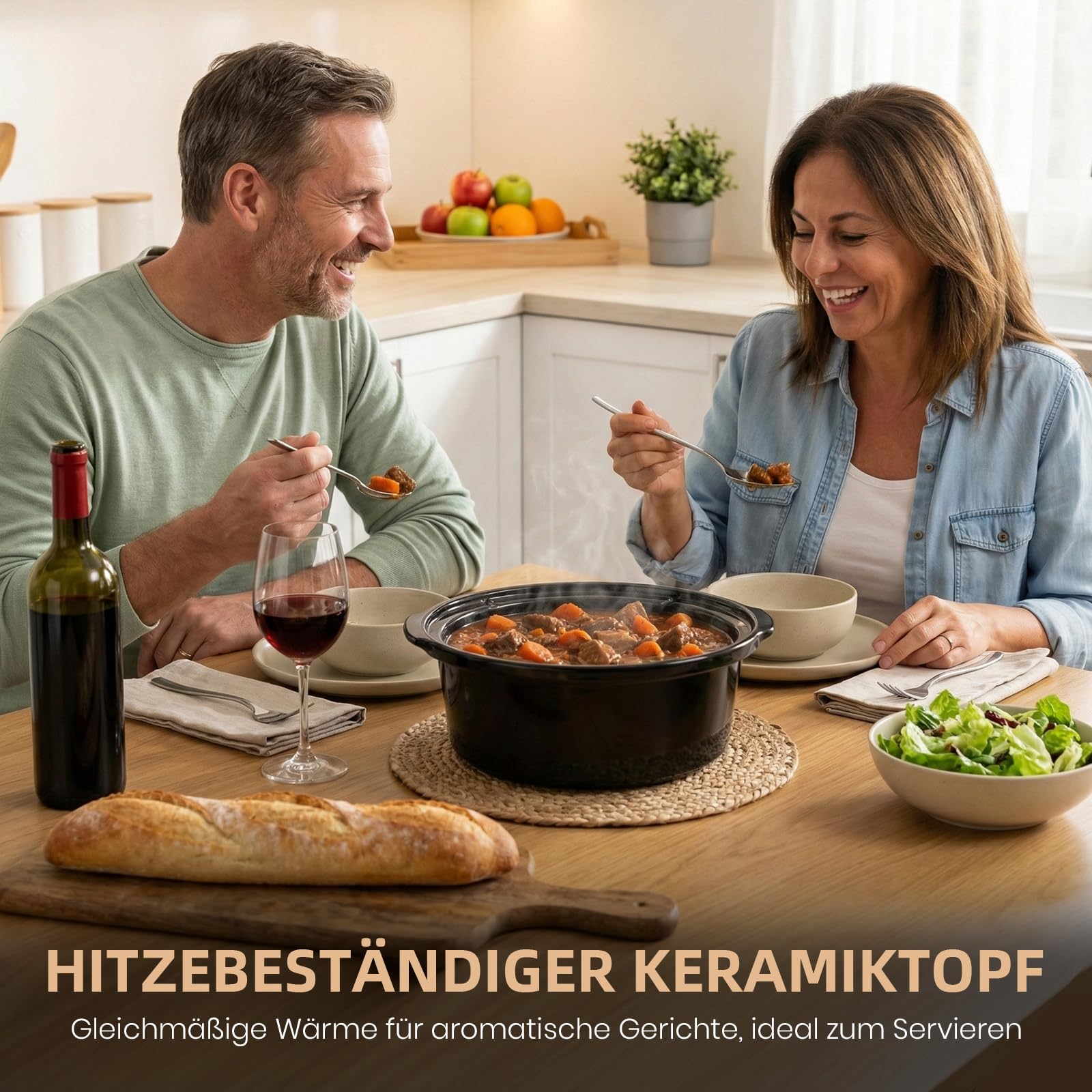Slow Cooker - Pentola elettrica in ceramica con coperchio in vetro, con funzione di mantenimento in caldo, risparmio energetico, lavabile in lavastoviglie, ideale per stufato, zuppa, carne