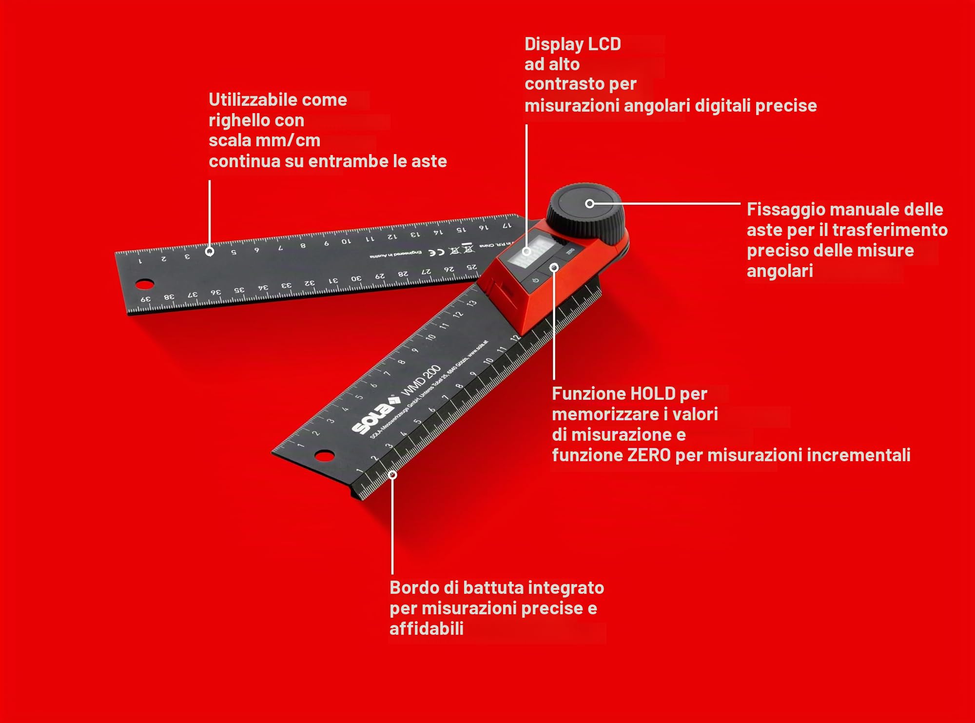 SOLA WMD 200 - Goniometro digitale, lunghezza 200 mm, angolo di arresto con display LCD per misurazioni angolari esatte, angolo da falegname digitale, goniometro con righello per lavorazione del