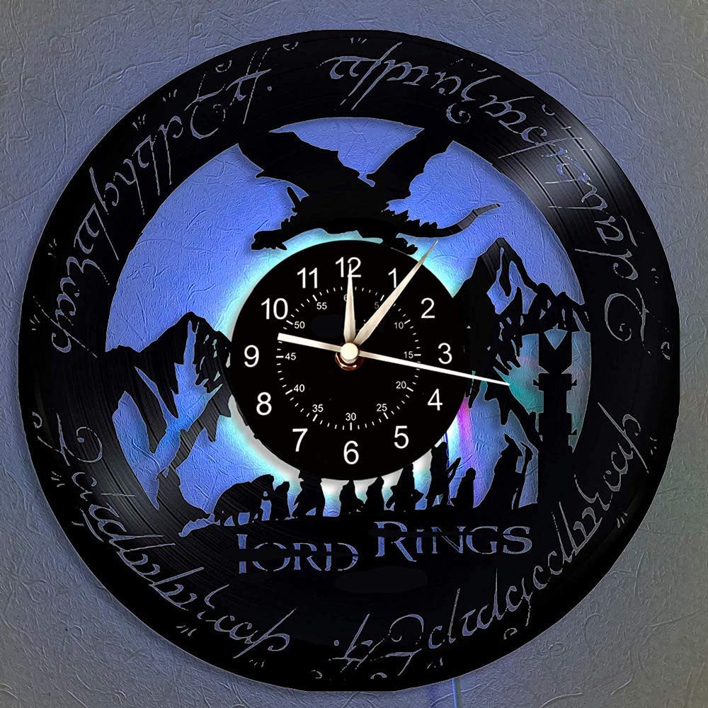 QianZhou-UkQianZhou-Uk Rings Vinyl Record Wall Clock, LED 7 Color Night Lamp Retro Wall Clock,Unique Rings Gifts Handmade Room Art Decor Merchandise (B)
