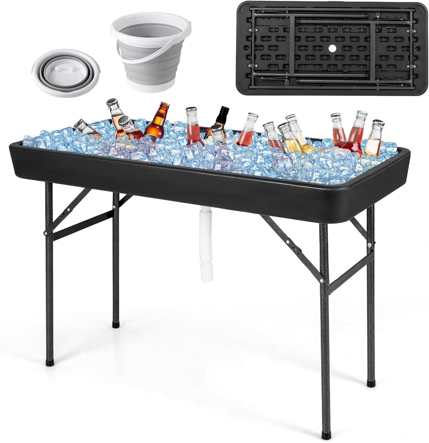 LDAILY Moccha Folding Ice Cooler Table with Matching Skirt, Portable Party Ice Bin Table w/Double Sinks & Drains, Thickened HDPE Tabletop (Black, 48” x 24” x 32.5”)