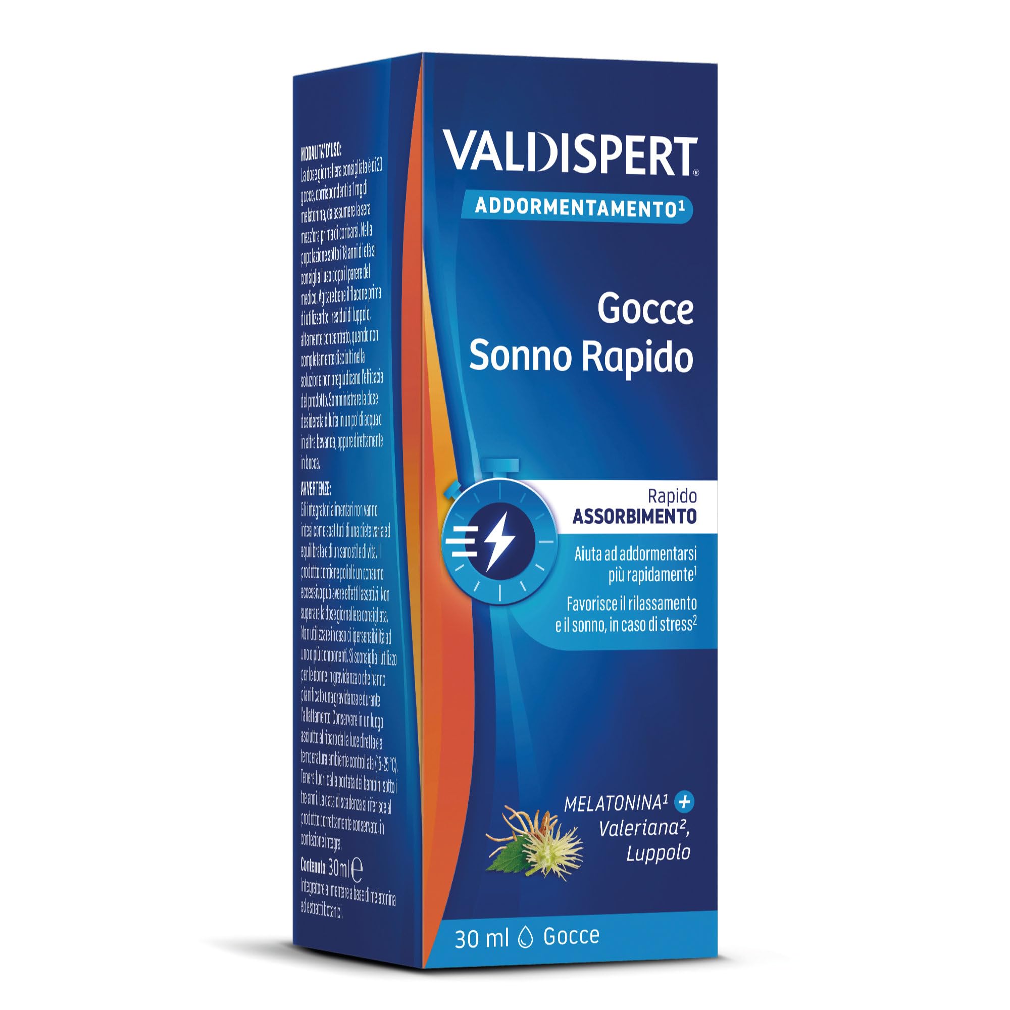 Valdispert Gocce Sonno Rapido, Integratore Alimentare per Dormire con Melatonina, Valeriana e Luppolo, Senza Glutine e Senza Lattosio, 30 ml