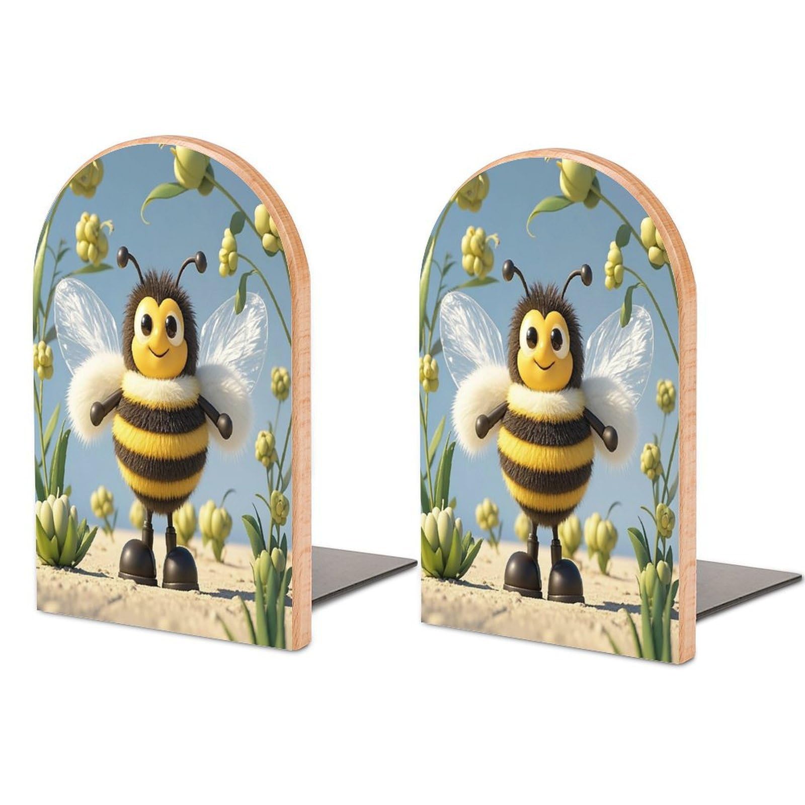 Cute Cartoon Bee Bookend Non-Skid Wooden Bookends for Shelves Heavy Duty Wood Book Ends Decorative Book Stopper Book Stand Non-Slip Book Organizer for Home Office Library