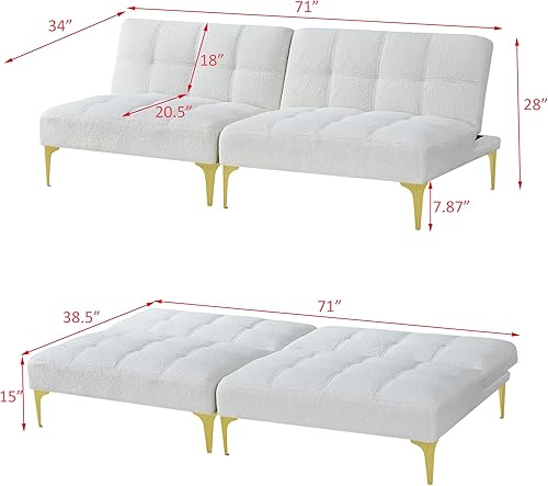 Miniatura 2 de Sofá cama tipo futón convertible con patas de metal dorado, moderno sofá cama convertible multifuncional, tela de peluche, sofá seccional pequeño,
