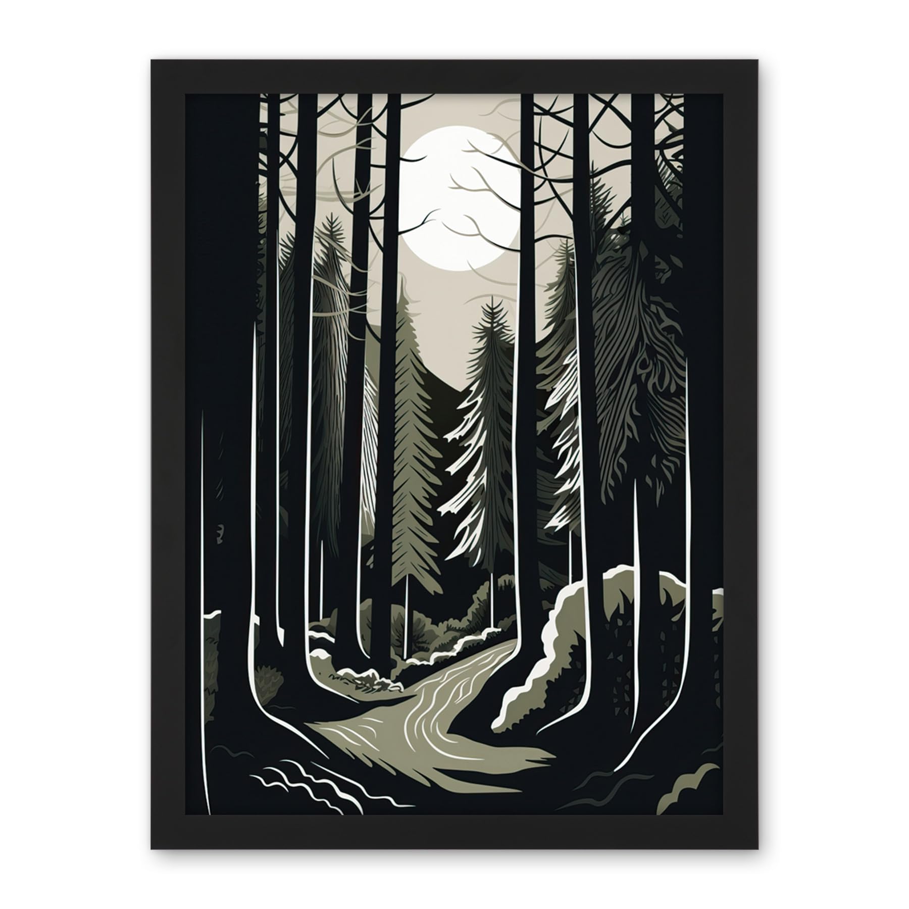 Artery8 Full Moon Night at Pine Forest Landscape Linocut Artwork Framed Wall Art Print 18X24 Inch