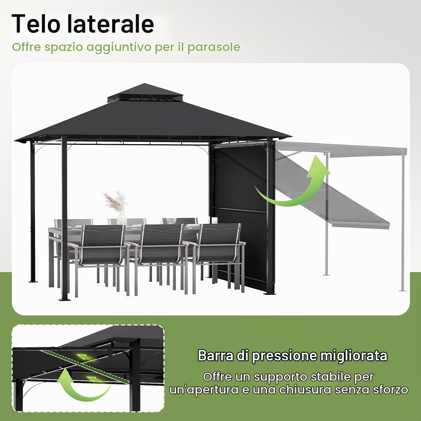 JUMMICO Gazebo da Giardino Esterno 3x3, con Estensione Convertibile in Parete, Tetto a Doppio Strato, Struttura Metallica Resistente alle Intemperie, Ideale per Feste, Eventi e Ricevimenti