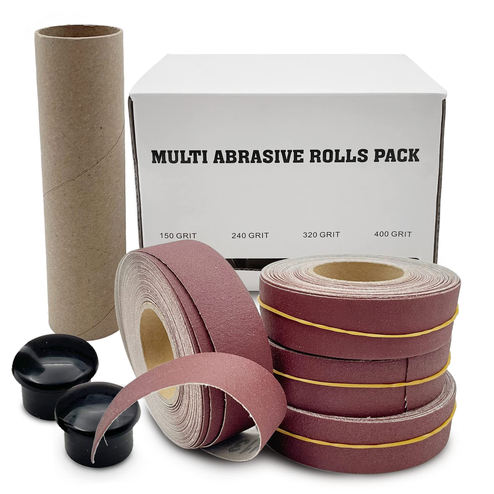 Lot de 4 rouleaux de papier abrasif avec distributeur de papier émeri rétractable pour métal, verre, menuiserie-4 rouleaux de 8 m