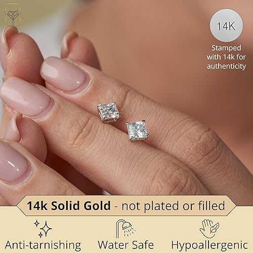 Miniatura 2 de 14K Gold Princess Cut CZ Stud Earrings for Women & Men Anti Tarnishing Cubic Zirconia Earrings Studs with 14K Gold Butterfly Backs 4MM 5MM 6MM 7MM