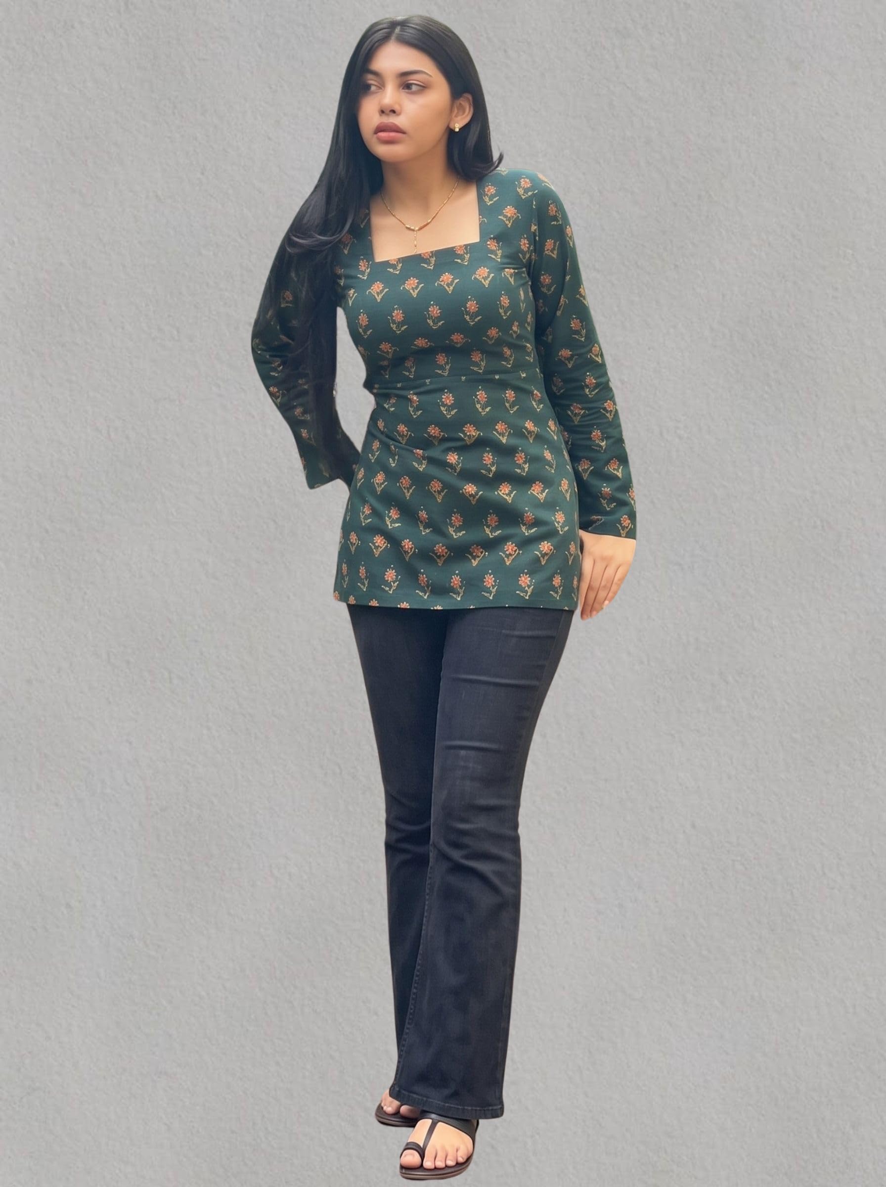 Women's Rayon Floral Print Short Kurti for Women Elegance Square Neck, Long Sleeves with Style Criss Cross Back Kurti, Top for Office Wear, Casual, Outdoor-picture-48