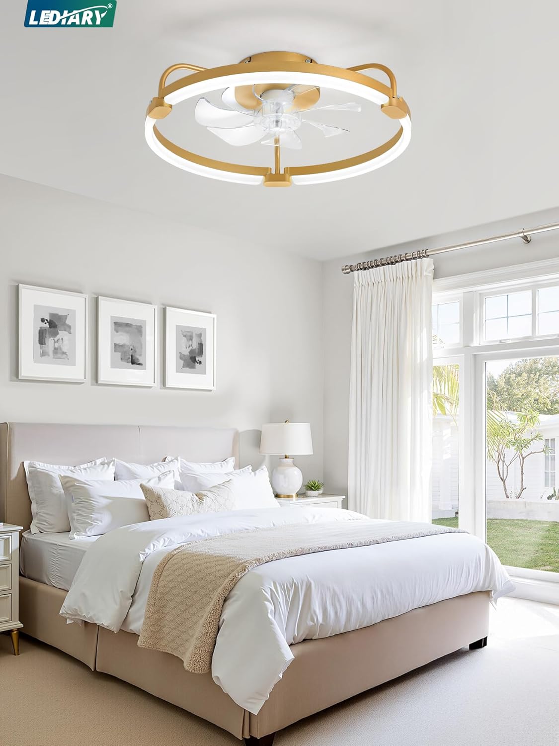 LEDIARY Ceiling Fans with Lights and Remote, 20'' Low Profile Ceiling Fan with Light, 3000-6000K Dimmable Fandelier LED Fan Light, 6 Wind Speeds, Gold Modern Flush Mount Ceiling Fan for Bedroom
