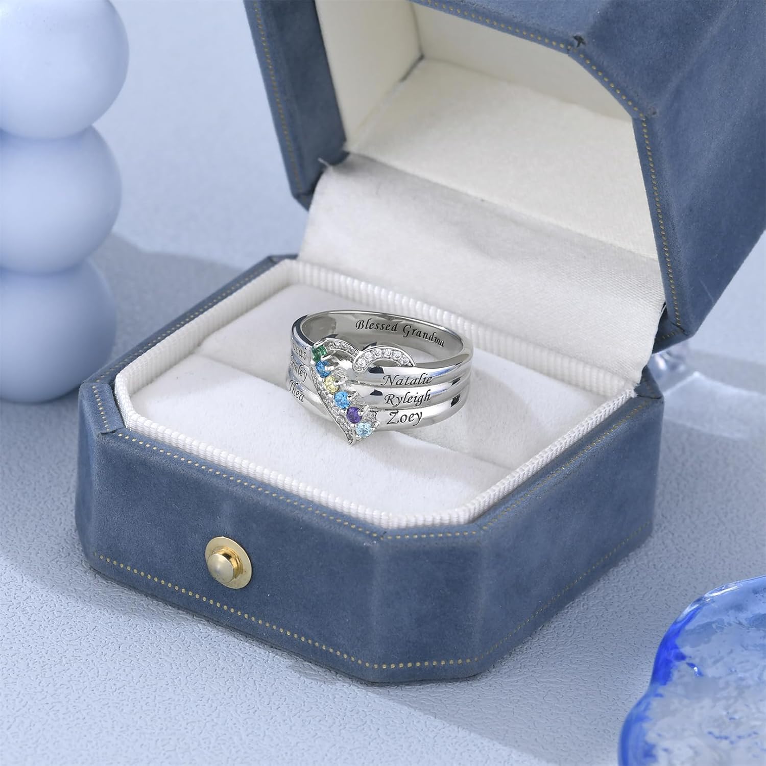 S925 Sterling Silver Personalized Heart Mother Rings with 1-8 Birthstone Custom Jewelry Mom Rings Birthstone Rings for Women