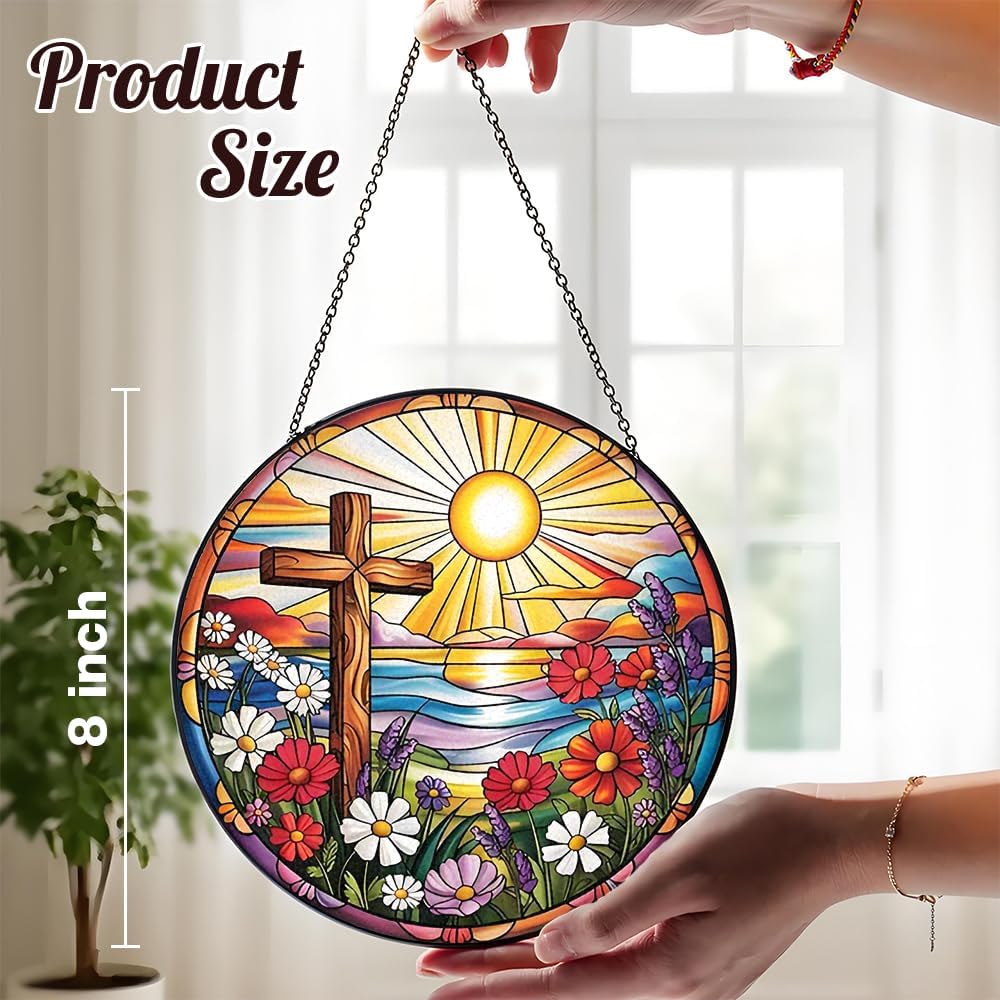 Cross and Wildflowers Stained Glass Suncatchers, 8 Inch Christian Stained Glass Suncatcher for Window Hanging Flower Cross Gift for Easter Mom Religious Christian Gifts Home Decor - Image 7