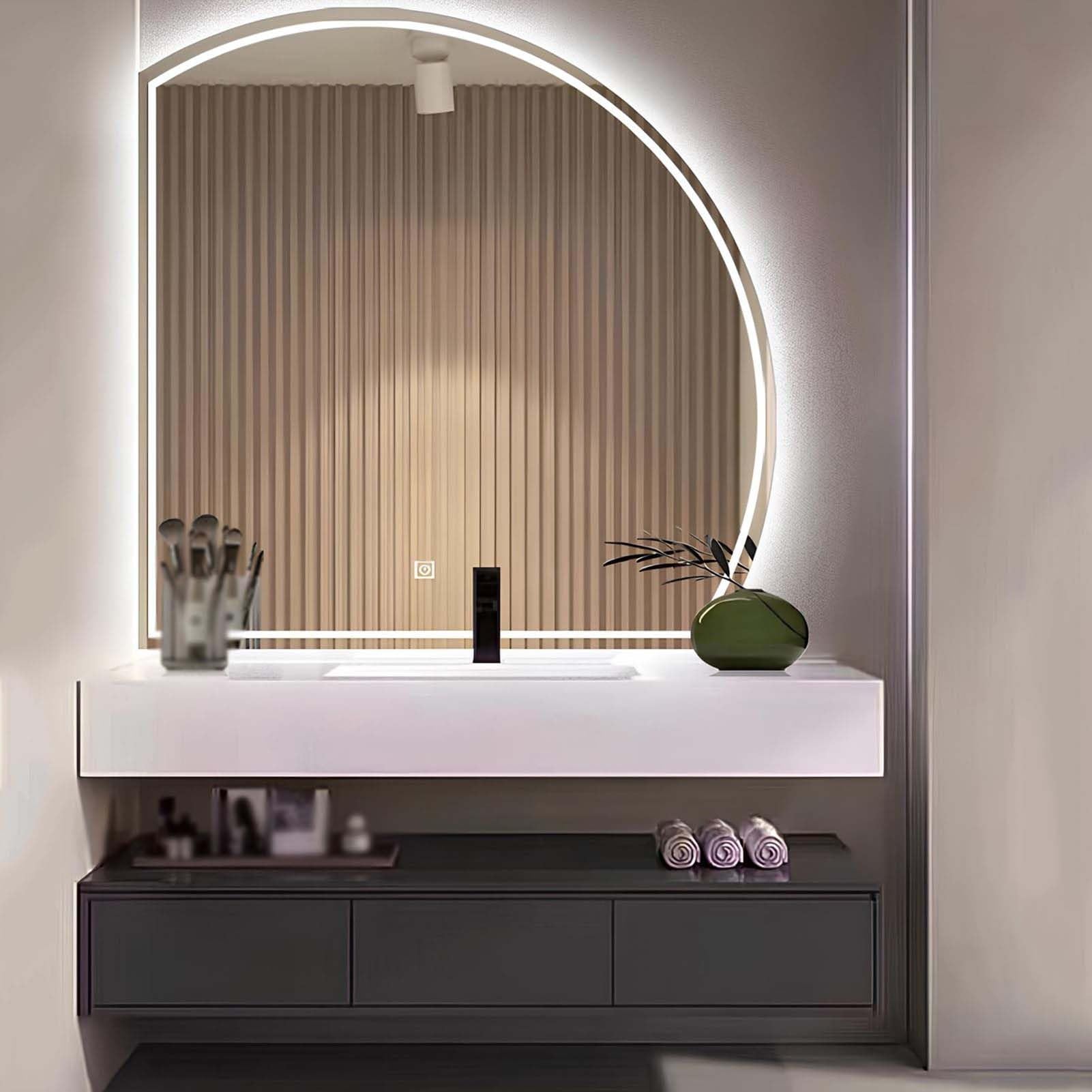 THEGA Half Moon Illuminated Wall Mirror With Dimmable Lights Anti-Fog Explosion Proof Led Bathroom Mirror, For Makeup Shaving Bathroom Décor(80x80cm)