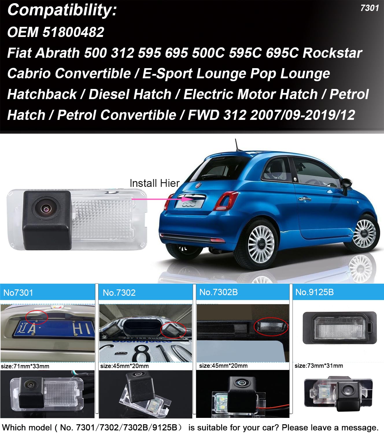 Cámara de aparcamiento de visión trasera HD de repuesto para Fiat Abrath 500 500X Twinair 595 695 500C 595C 695C/FWD 312/Jeep Grand Cherokee/Maserati Levante/Dodge Viper (NO.7301 (71 x 33 mm)