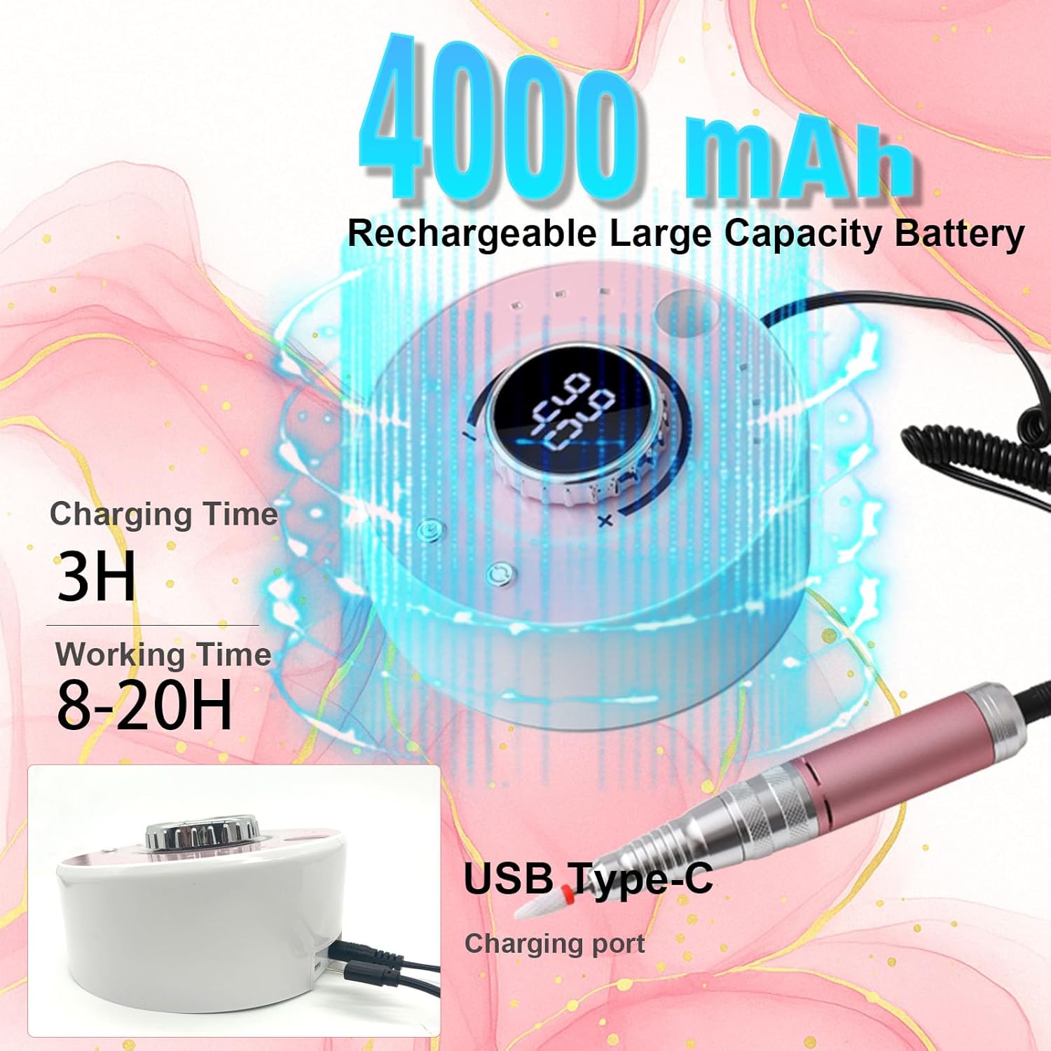 Electric Nail Drill File: Professional 40000RPM Nail E-File Drill, Rechargeable Cordless Nail Drill with Bits & Base for Acrylic Nails Remove Nail Gel Polish Manicure for Home Salon Use (Pink)