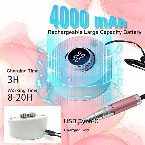 Miniatura 4 de Taladro eléctrico de uñas taladro profesional de 40000 rpm, taladro de uñas inalámbrico recargable con brocas y base para uñas acrílicas, quitar