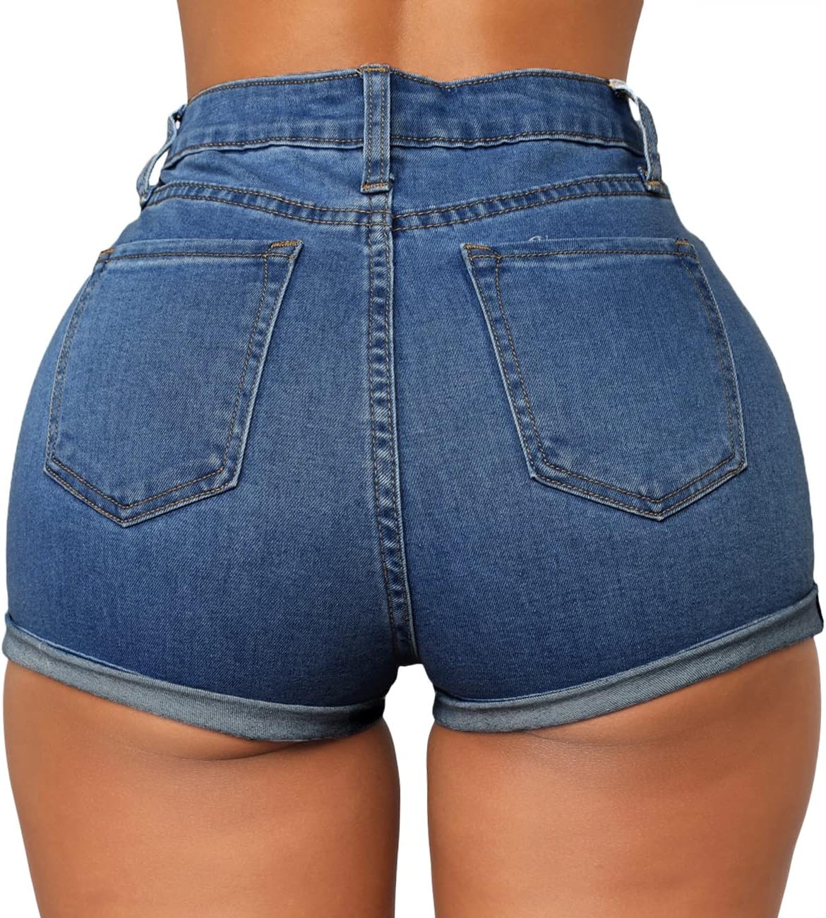 Women's Casual Stretchy Denim Shorts High Waisted Folded Hem Jeans Shorts