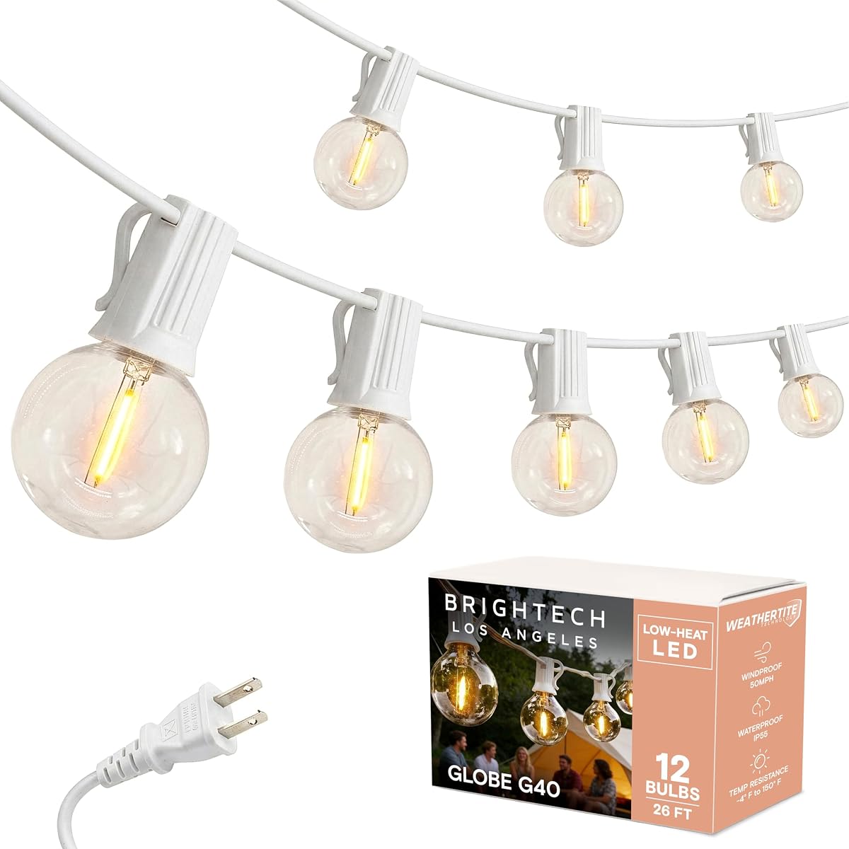 Ambience Pro Cadena de luces LED – Luces de patio de grado comercial de 26 pies al aire libre impermeable – 12 luces de cadena de globo para porche para exterior, patio trasero – Bombillas Edison vintage de 1 W, brillo brillante, color blanco