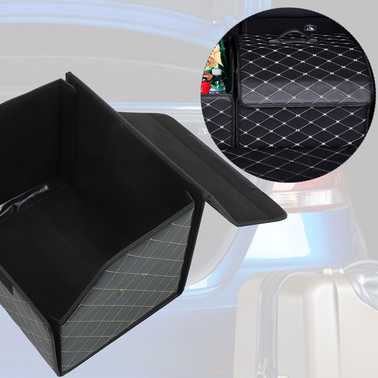 Organizzatore per Bagagliaio Auto Pieghevole in Materiale Sintetico Nero, Scatola Porta Oggetti Coperchio per Auto