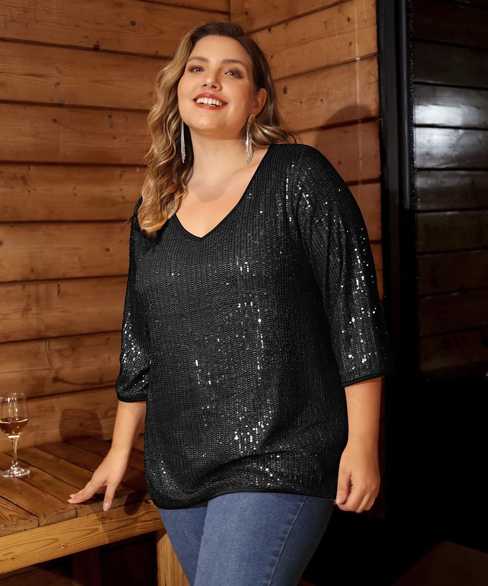 RITERA Plus Size Glitter Tops for Women 3/4 Sleeve Shirts Evening Cocktail V Neck Sequin Blouse Tunic Weddings XL-5XL - Image 3