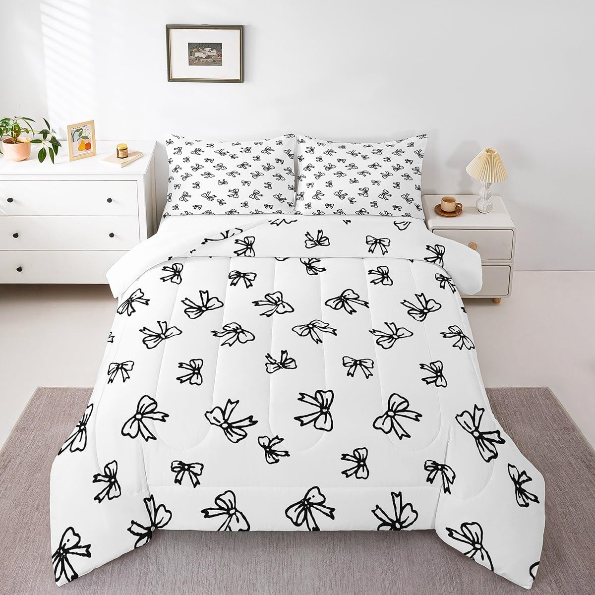 Feelyou Cute Bow Comforter Set Queen Size Kids Cartoon Bowknot Bedding Set for Boys Girls Teens Black Bowknot Comforter Breathable Gift for Girls Women Duvet Set Quilt Set