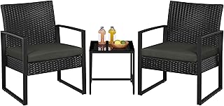 Yaheetech Conjunto de Mesa y Sillas Exterior Juego de Muebles Jardin con Cojines Silla Ratán Impermeable para Terraza Balcón Negro y Gris