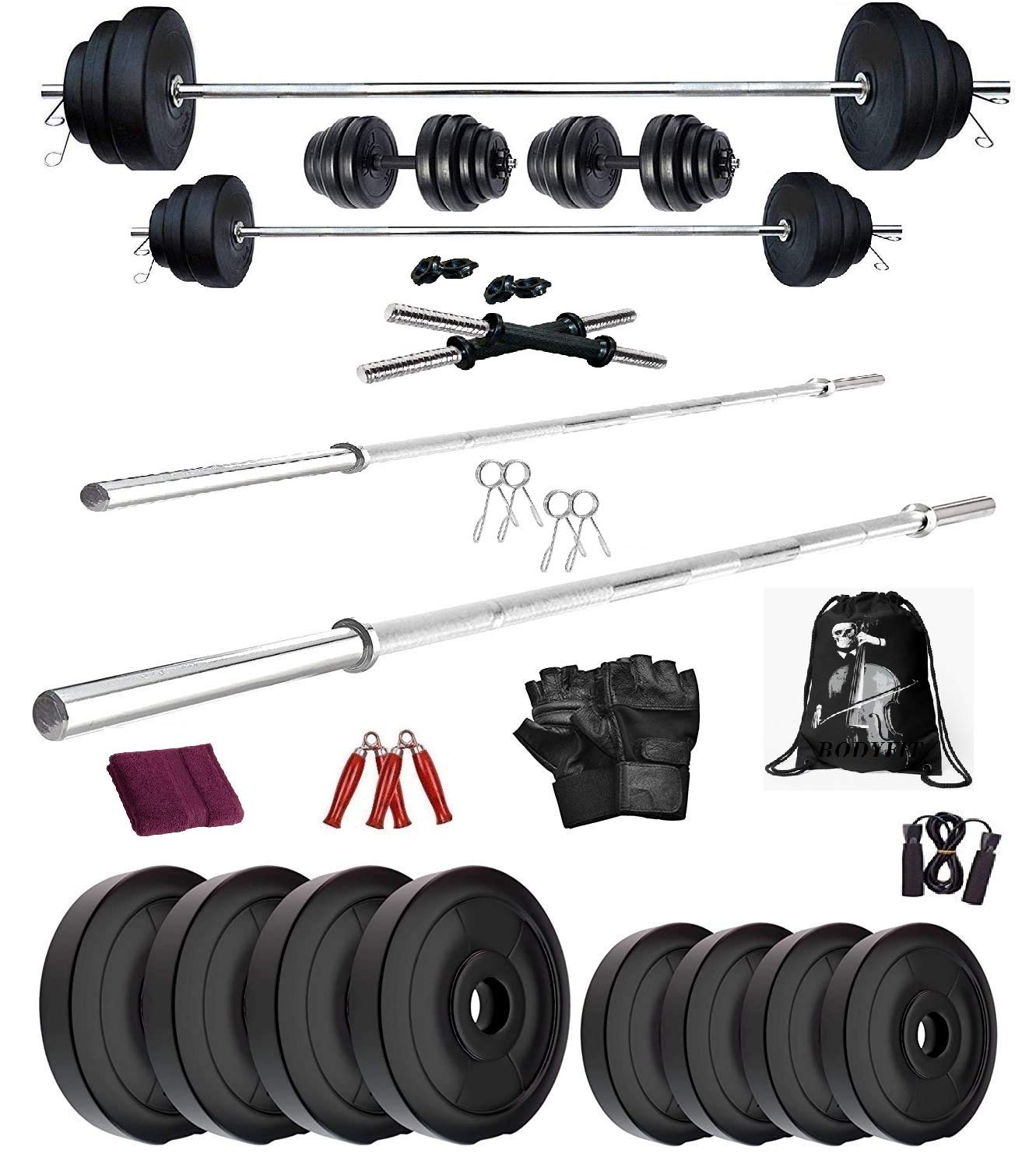 Bodyfit Home Gym Combo, Home Gym Set, Gym Equipment, Weight Plates Combo with 4Ft,3Ft Straight Bar, 2 Dumbbell Rods, Gym Bag with Accessories (12) (B08W4XLPJ1) Amazon Price History, Amazon Price Tracker