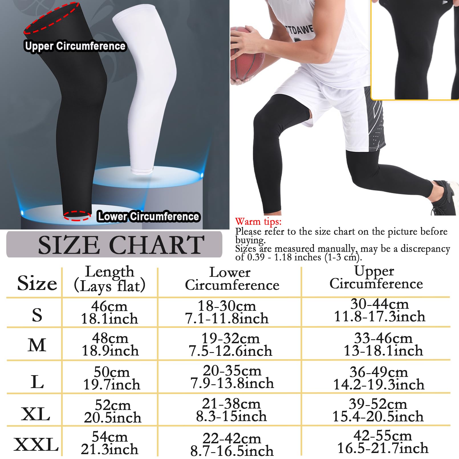 smilixin 2 pares de mangas de pierna, mangas de compresión de pierna completa para hombres y mujeres, rodilleras largas con tiras de silicona antideslizantes