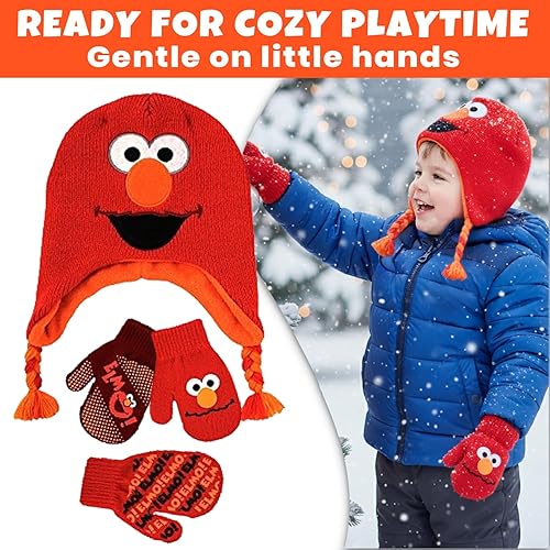 Miniatura 6 de Sesame Street Conjunto de 2 pares de guantes y sombrero Elmo para clima frío (2-4), Conjunto Manoplas Elmo RojoNaranja