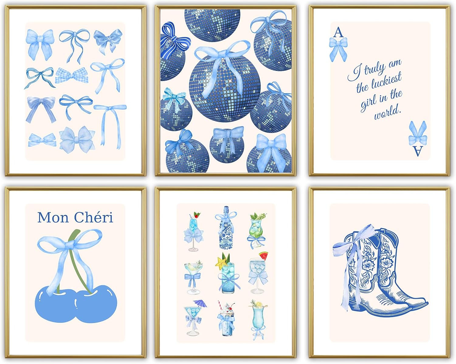 Blue Coquette Preppy Wall Art Prints, Set of 6 (Unframed)