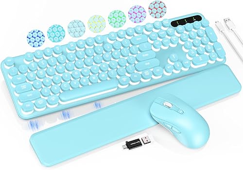 Miniatura 10 de Combo de teclado y mouse inalámbricos, teclas redondas retro, lindo teclado de máquina de escribir de tamaño completo con soporte para teléfono,
