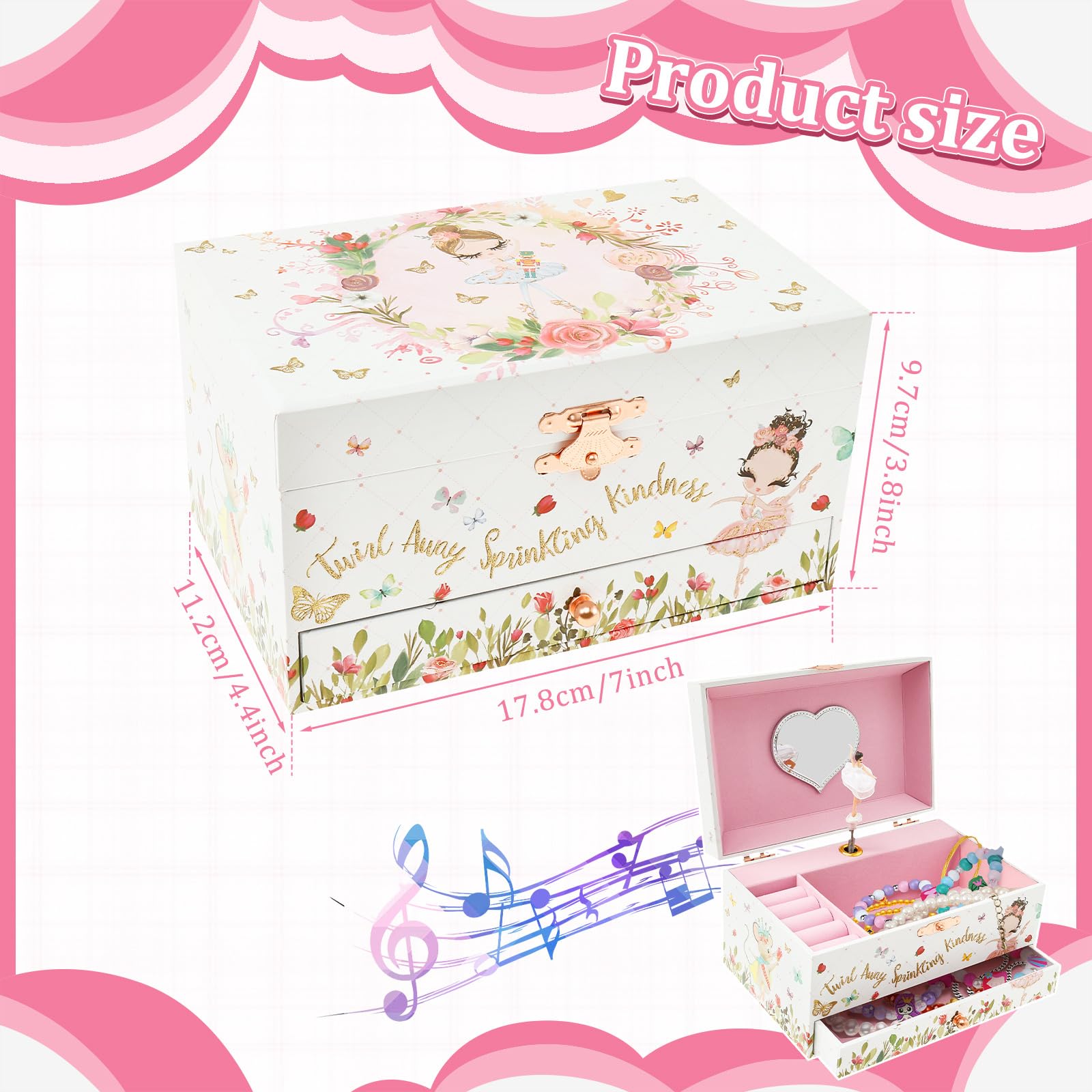 Alongen Musical Jewellery Box for Girls 2 Layer Kids Dancing Music Box with Mirror Jewelry Organizer with Drawer Bracelet Ring Holder Case for Girls Kids Present(White) - Image 2