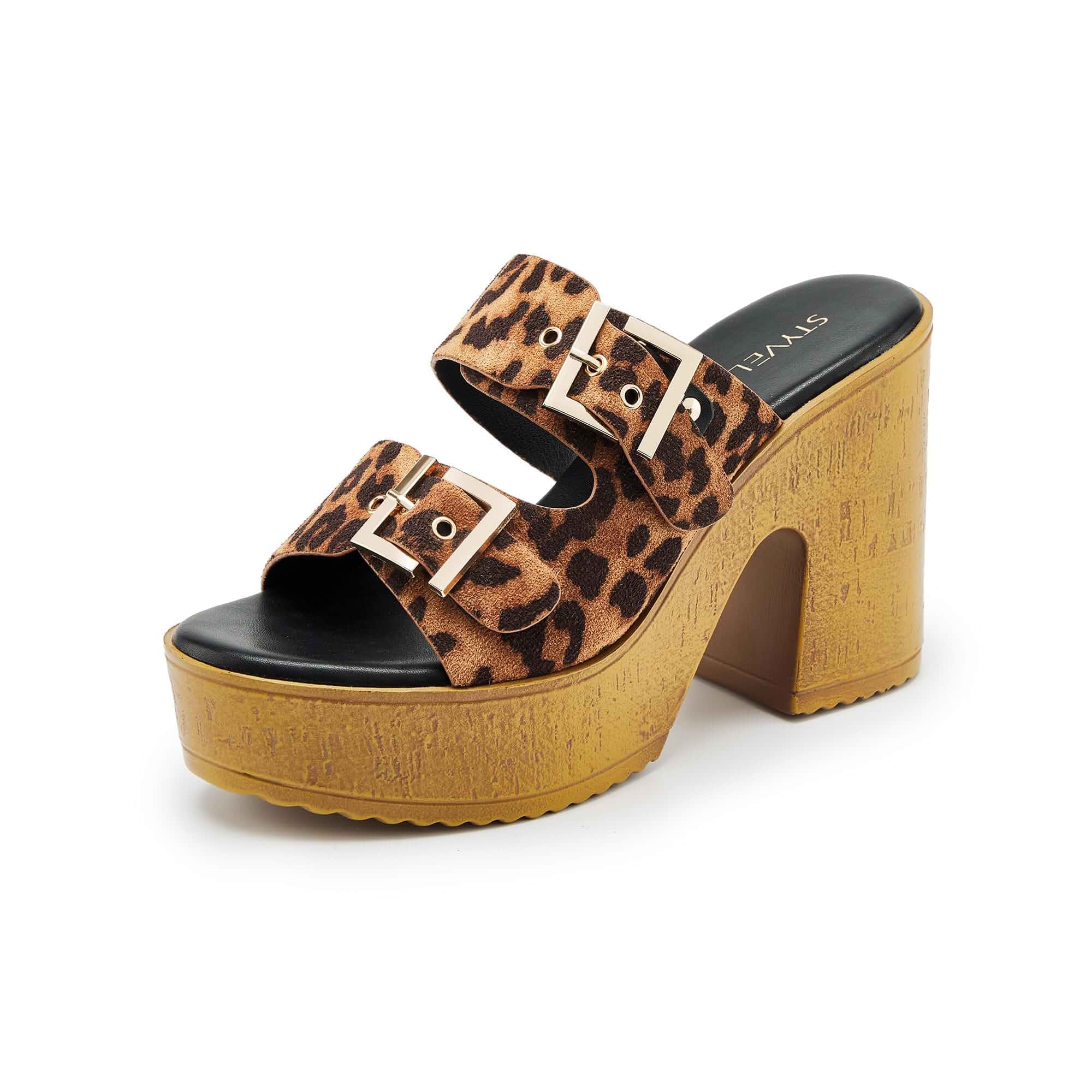Women's Platform Sandals, Leopard Print Double Buckle Slide Sandals 3.94" Platform Heel, Open Toe Mules, Non-Slip Summer Sandals