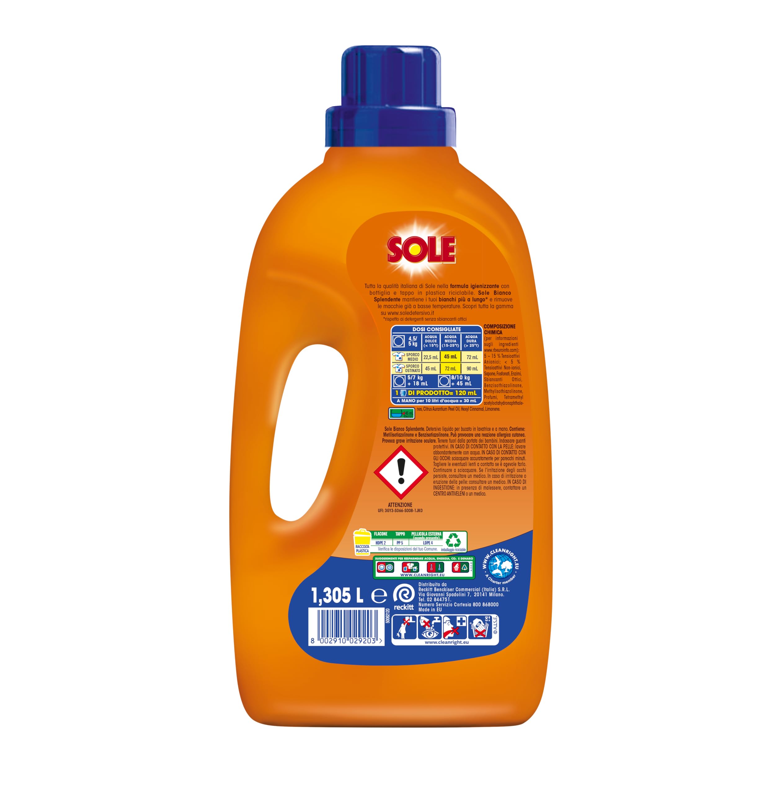 Sole Detersivo Lavatrice Bianco Splendente 290 Lavaggi, 5 confezioni bi-pacco per 290 lavaggi, Formula igienizzante, Detersivo Lavatrice Liquido Bianco Splendente, Capi bianchi Protetti e Brillanti