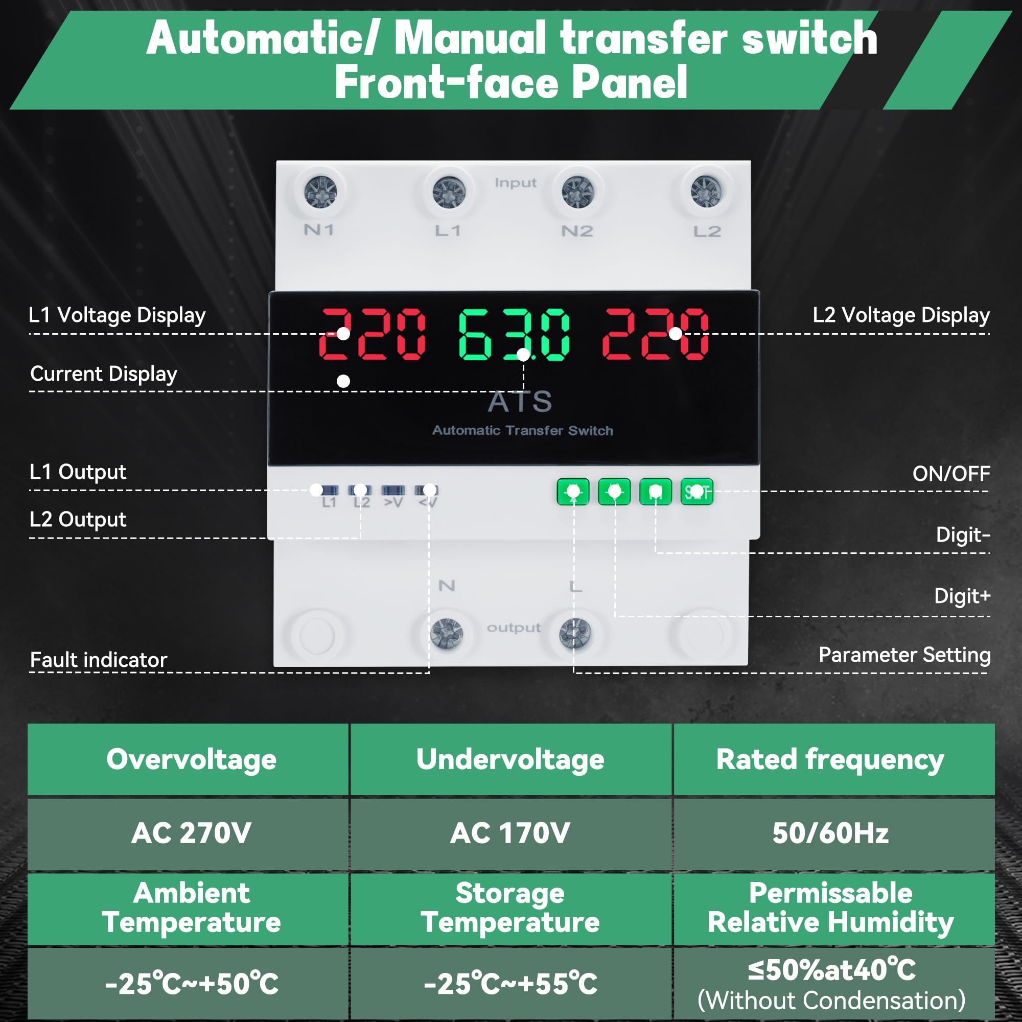 Interruttore di Trasferimento Automatico e Manuale 63A 220V Con Display Digitale, Valore Regolabile, Doppio Selettore di Alimentazione ATS per Generatori di Emergenza, Installazione guida DIN