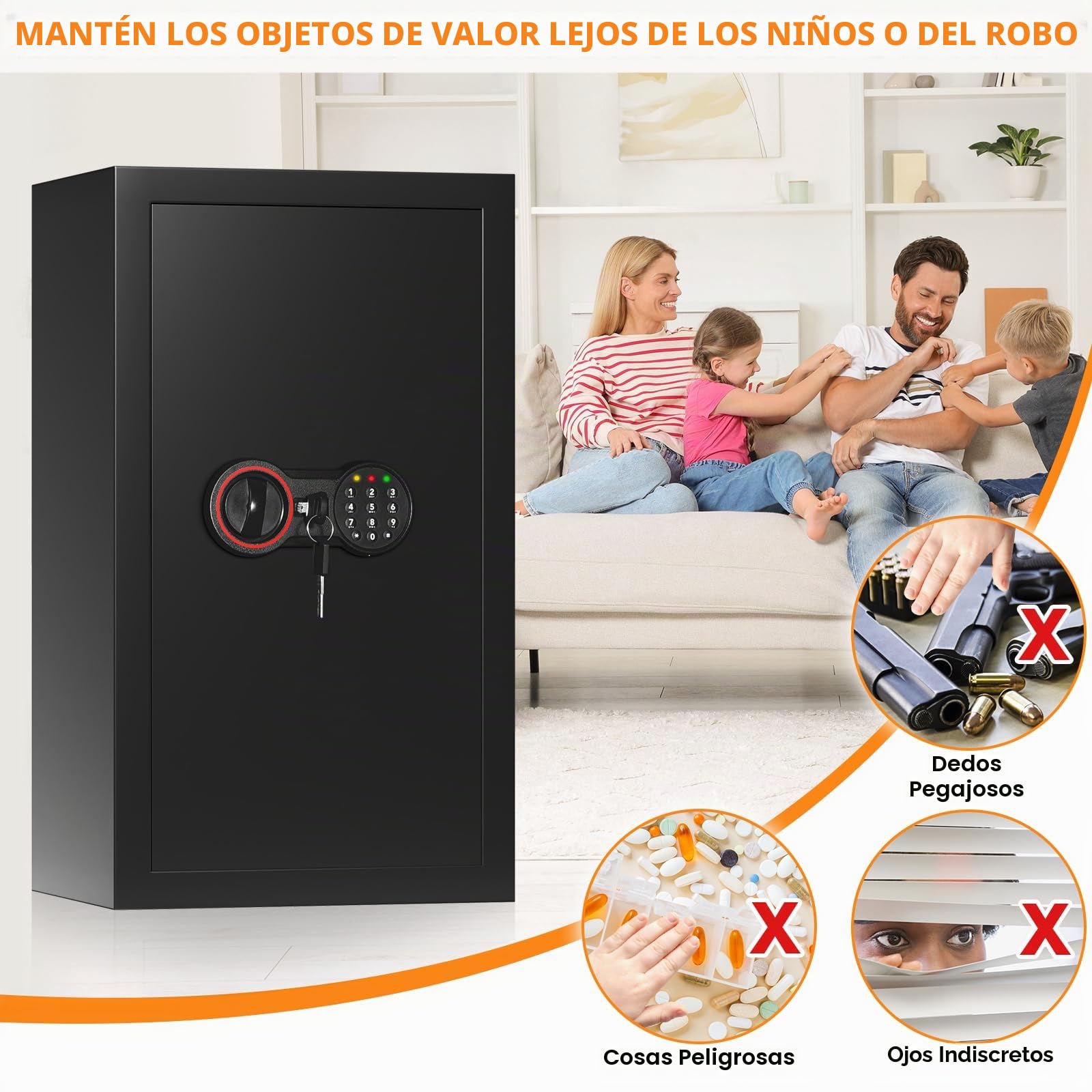 85 l extra grande incombustible caja fuerte para el hogar, caja fuerte ignífuga resistente al agua con llave, luz con sensor y 3 estantes extraíbles, caja fuerte antilibro para dinero, documentos
